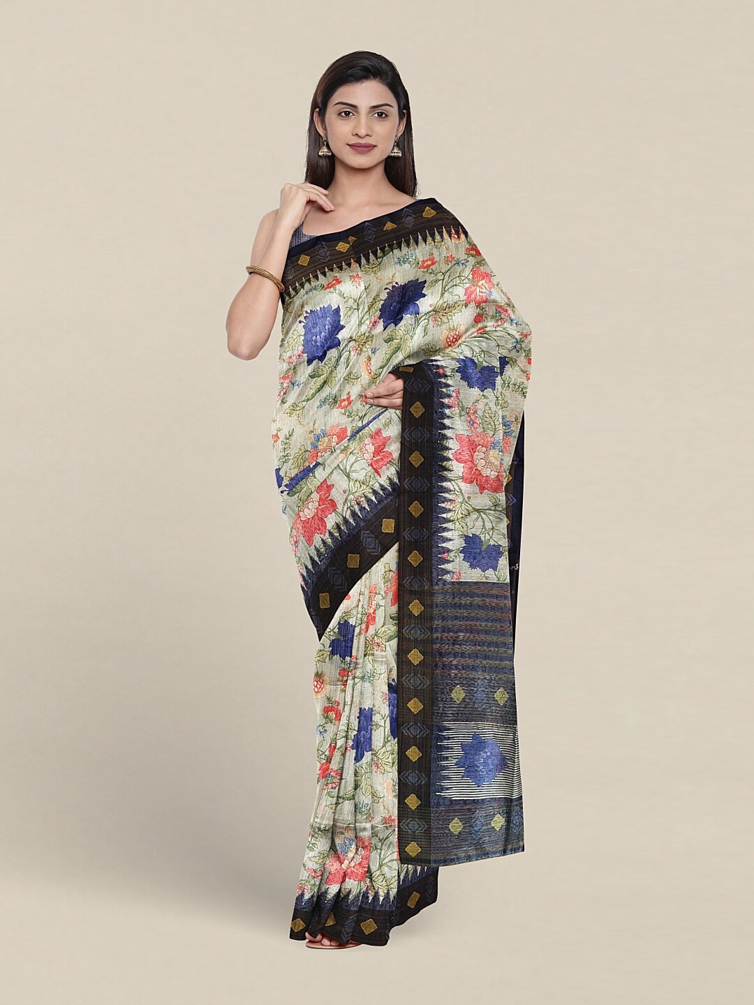 

Pothys Floral Printed Jute Silk Saree, Cream