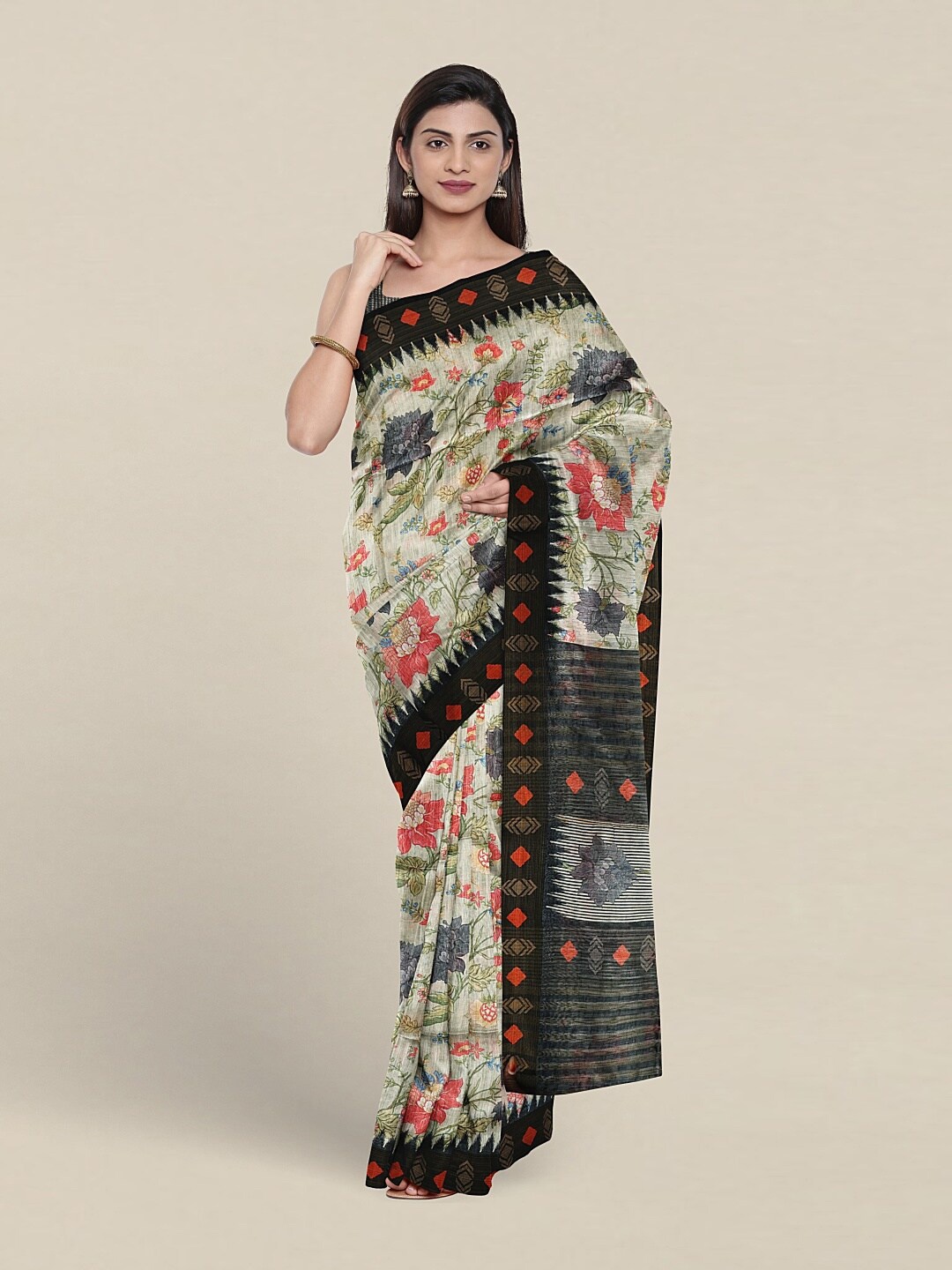 

Pothys Floral Printed Jute Silk Saree With Blouse Piece, Green