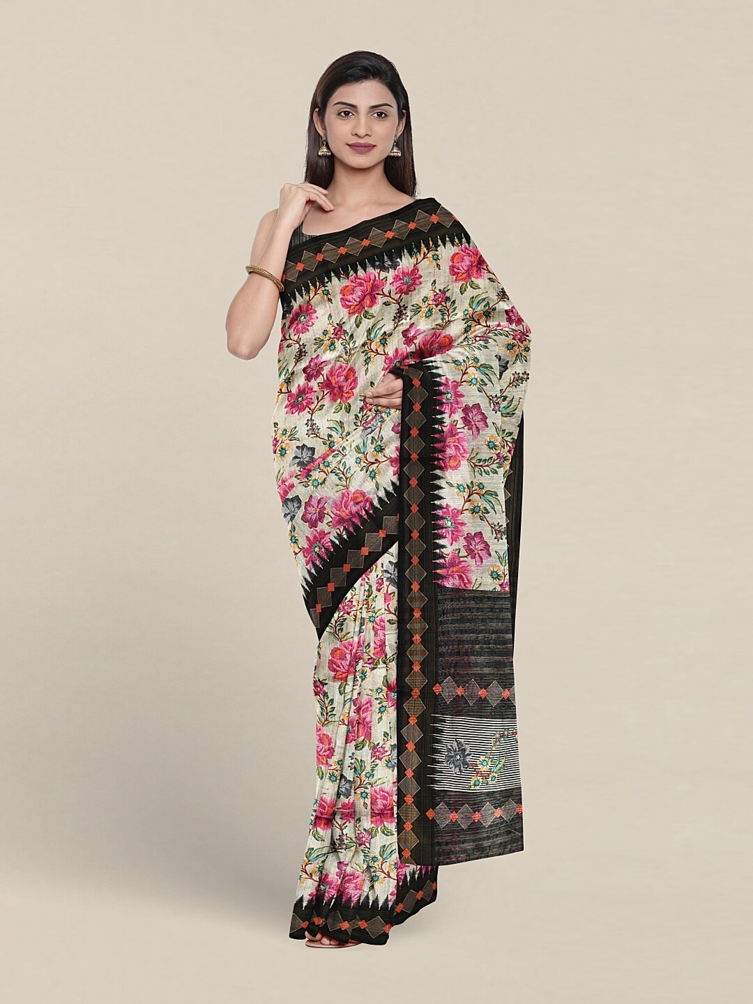 

Pothys Floral Printed Jute Silk Saree, Black