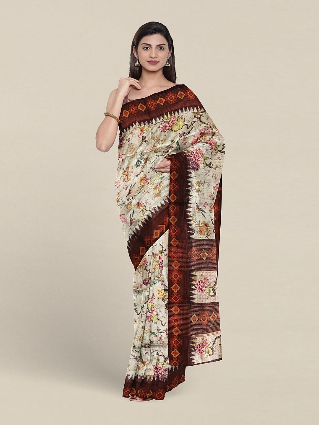 

Pothys Floral Printed Jute Silk Saree, Brown