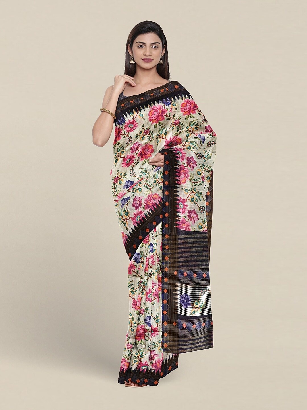 

Pothys Ethnic Motifs Printed Jute Silk Saree, Cream