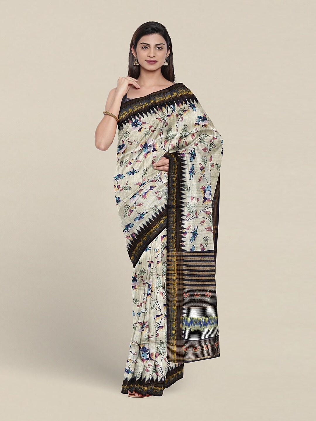 

Pothys Floral Printed Jute Silk Saree, Cream