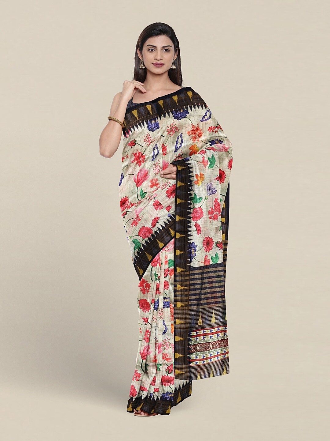 

Pothys Floral Printed Jute Silk Saree, Beige