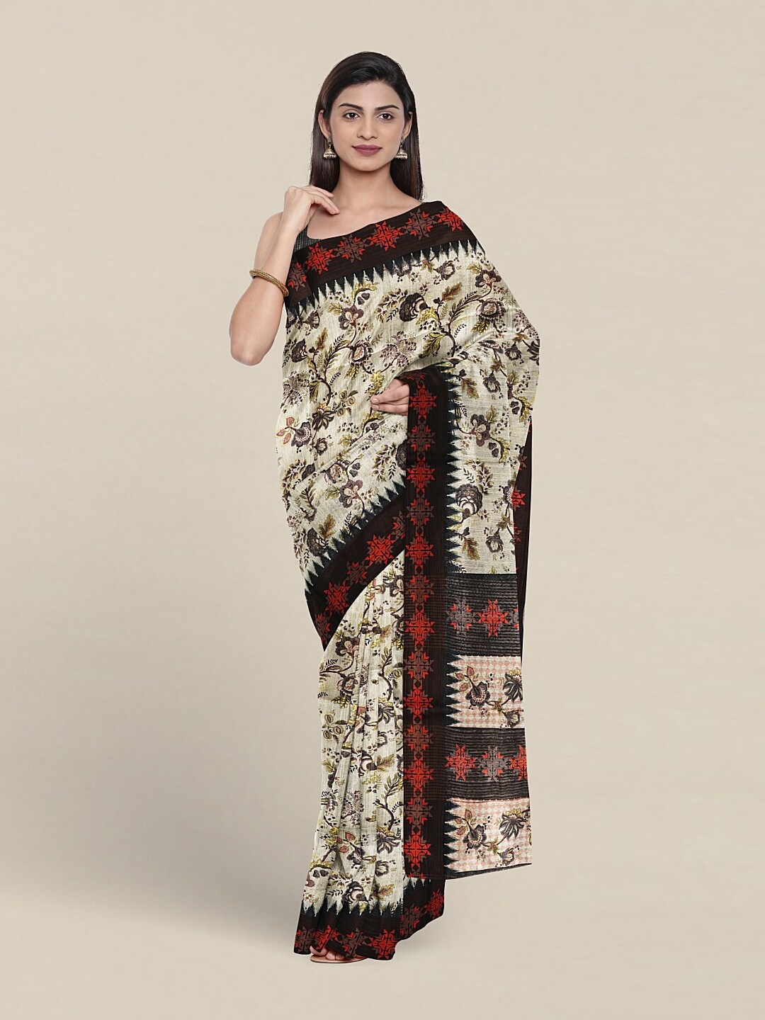 

Pothys Floral Printed Jute Silk Saree, Off white