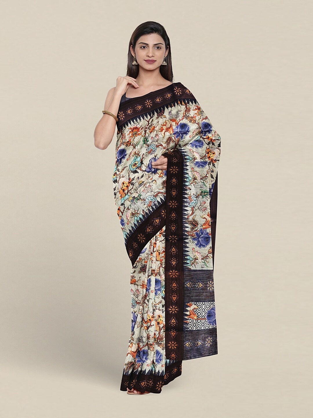 

Pothys Floral Printed Jute Silk Saree, Navy blue