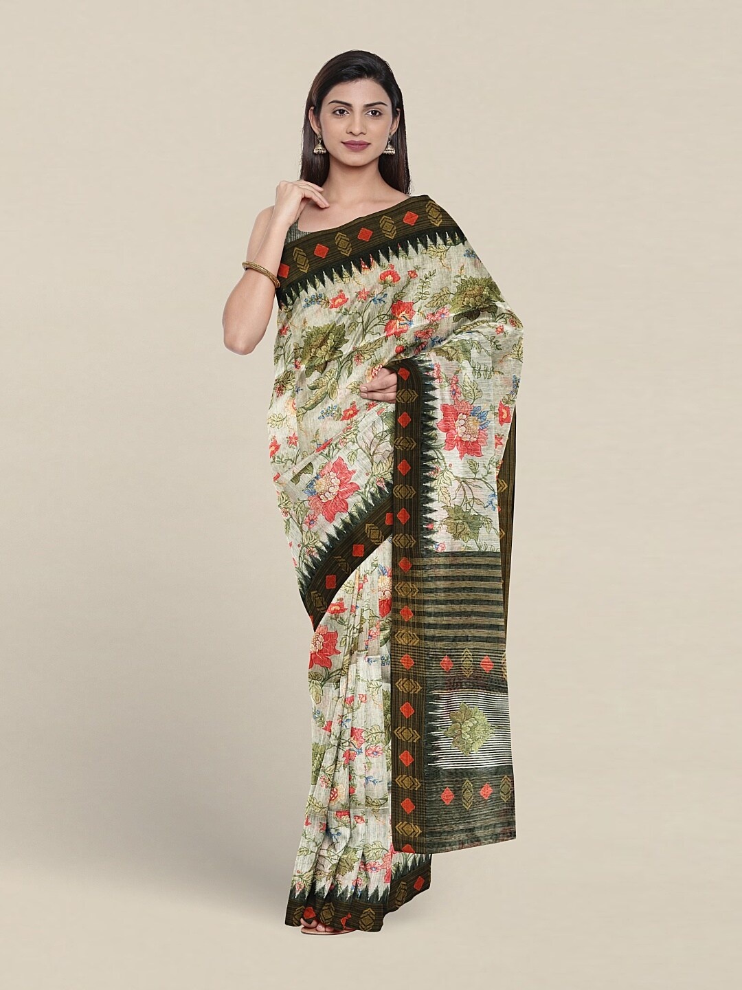 

Pothys Floral Printed Jute Silk Saree, Cream