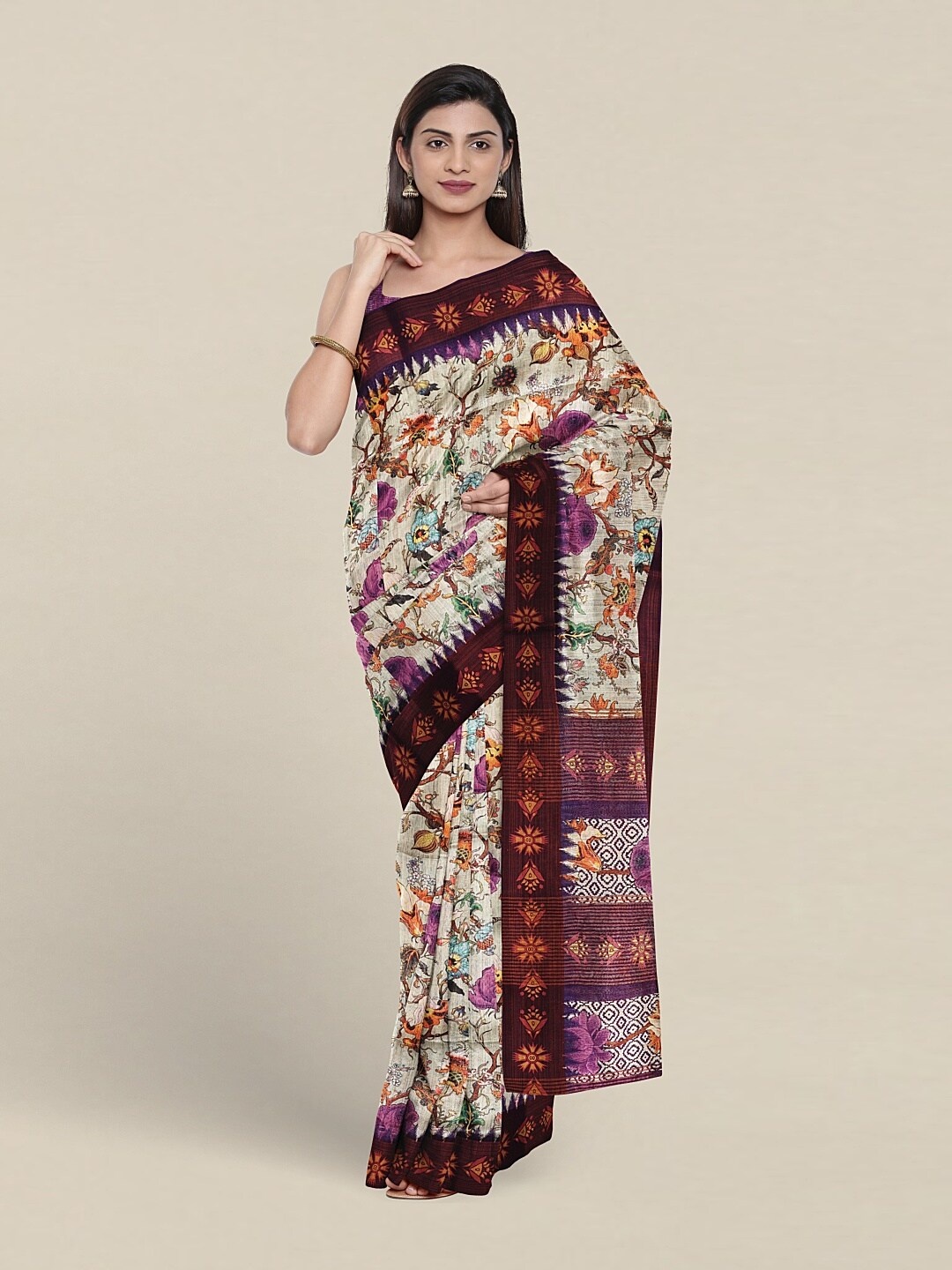 

Pothys Floral Printed Jute Silk Saree, Brown