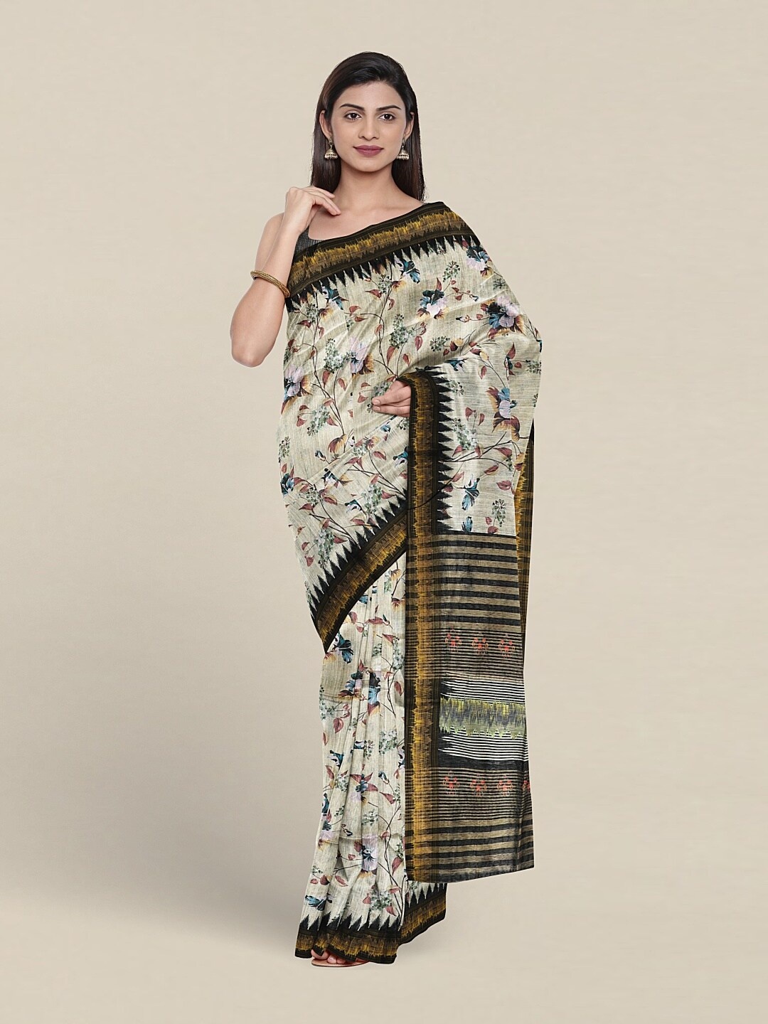 

Pothys Floral Printed Jute Silk Saree, Cream