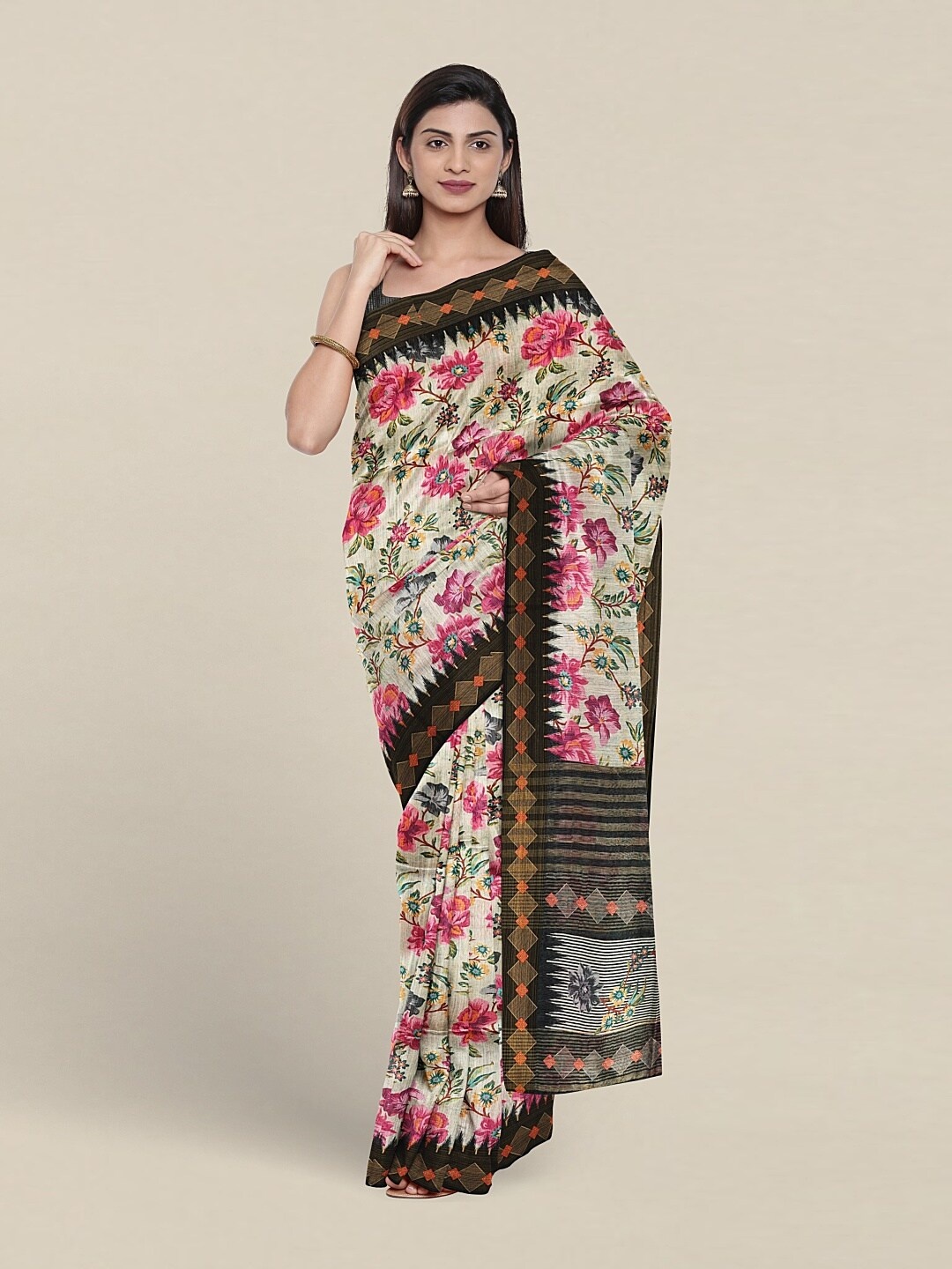 

Pothys Floral Printed Jute Silk Saree, Off white
