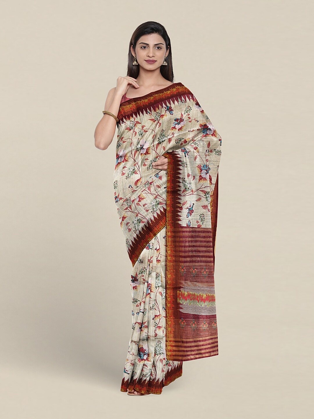 

Pothys Floral Printed Jute Silk Saree, Maroon