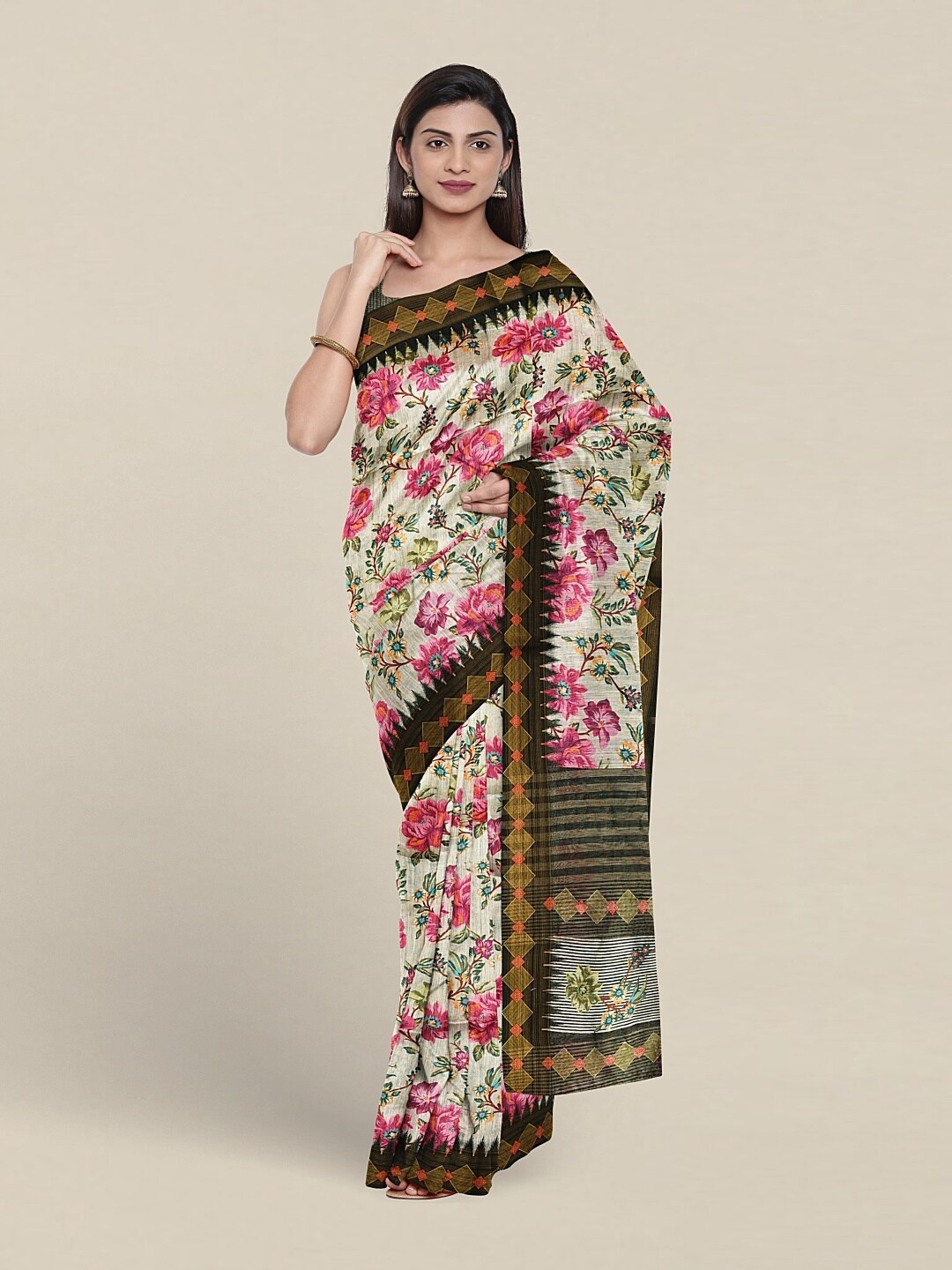 

Pothys Floral Printed Jute Silk Saree, Cream