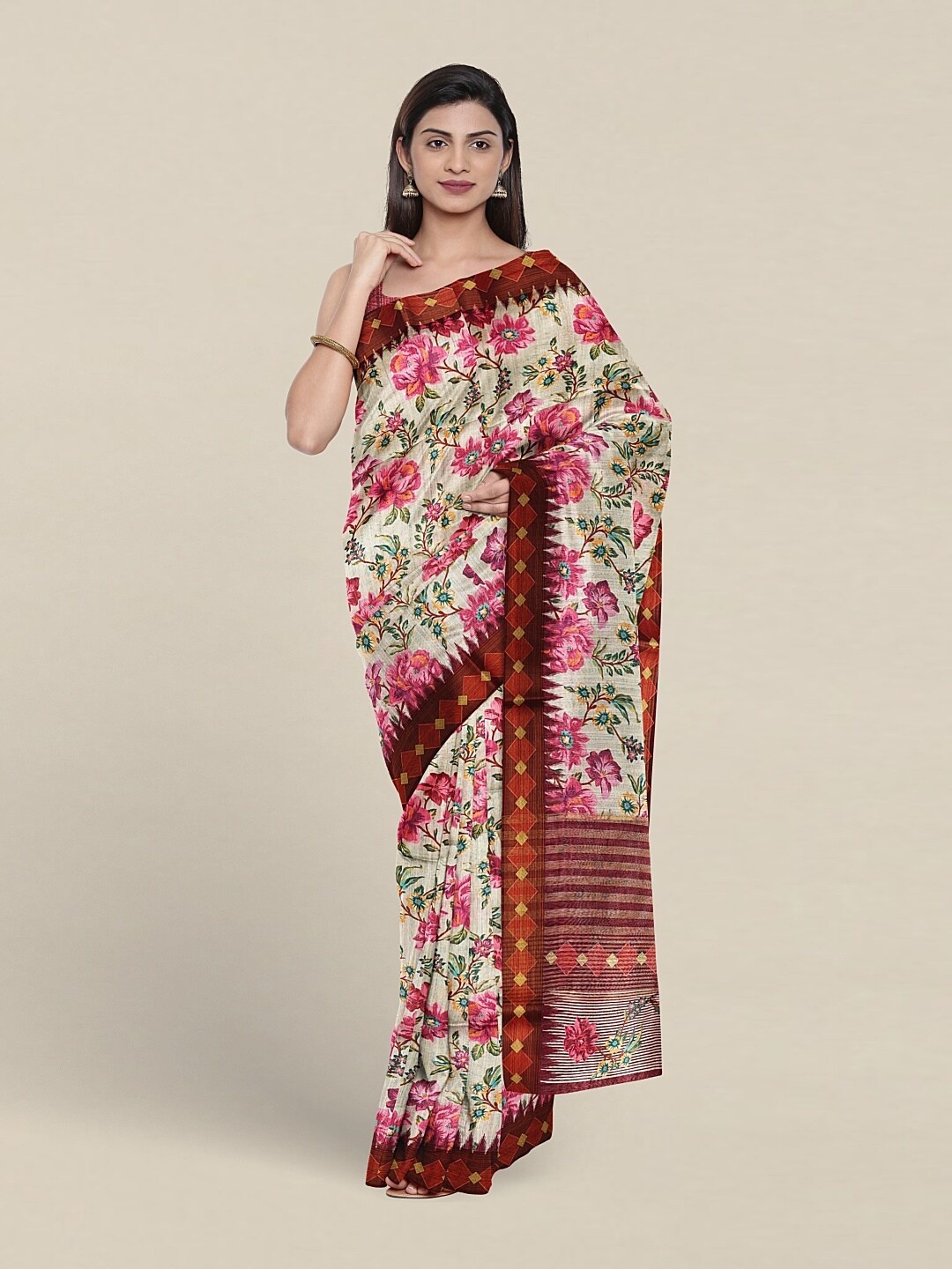 

Pothys Floral Printed Jute Silk Saree, Maroon