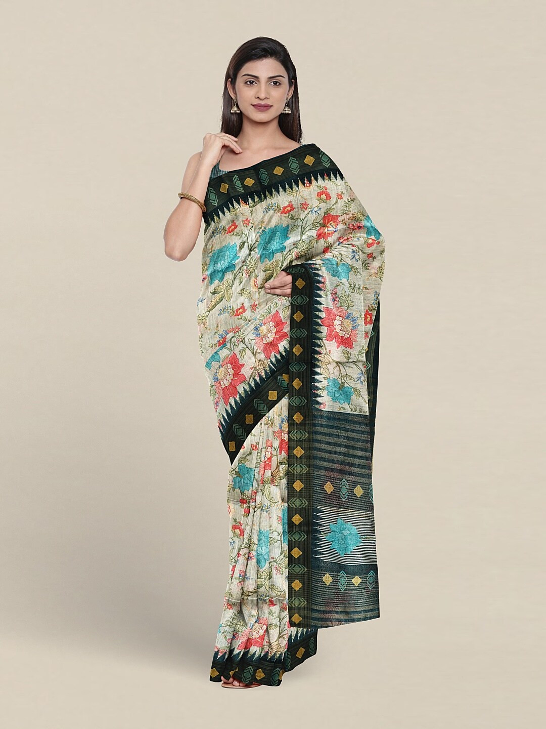 

Pothys Floral Printed Jute Silk Saree, Green