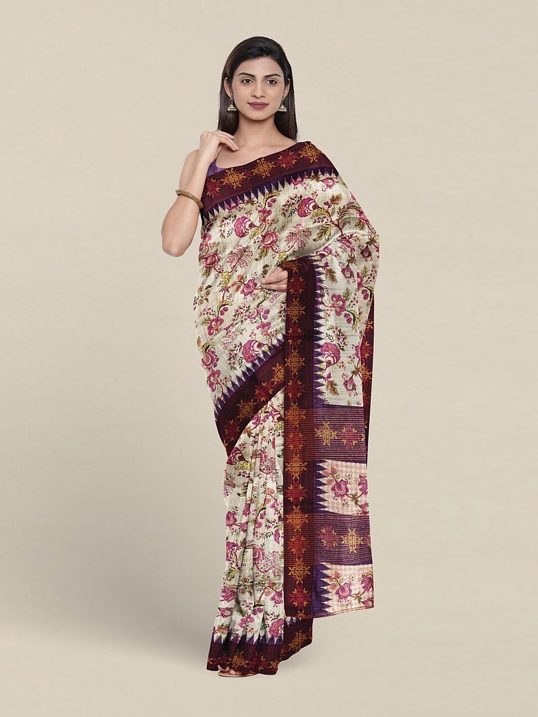

Pothys Floral Printed Jute Silk Saree, Brown
