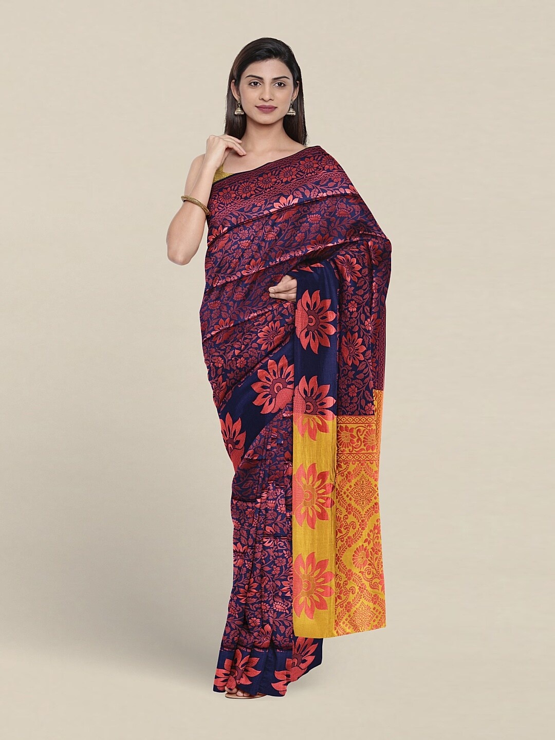 

Pothys Floral Woven Design Jute Silk Saree, Navy blue