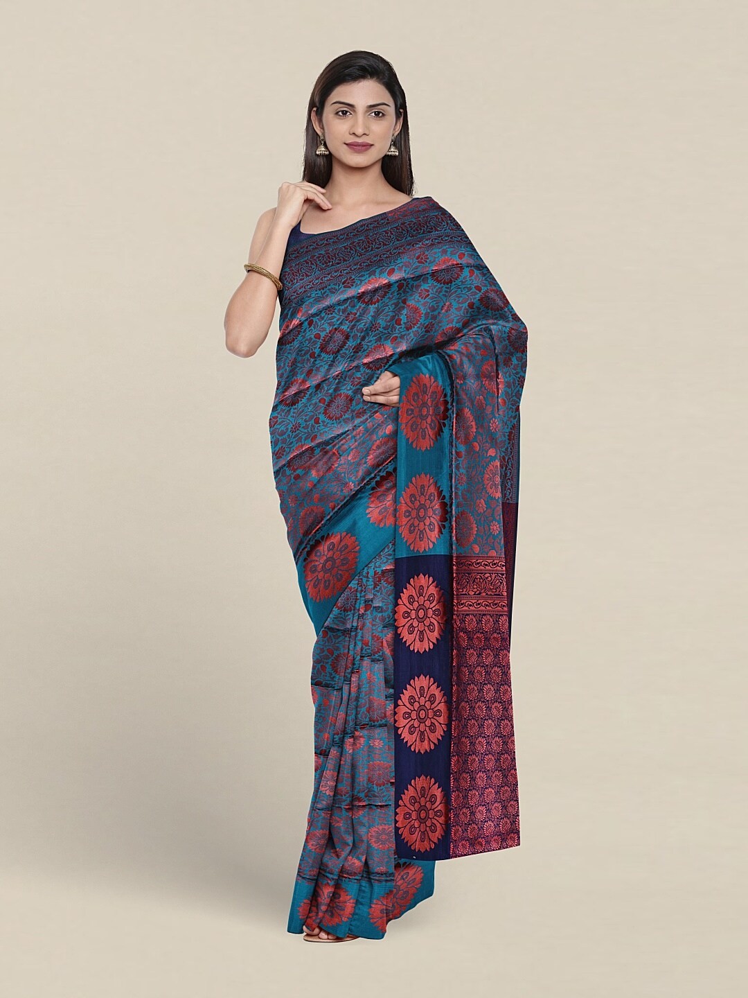 

Pothys Floral Zari Jute Silk Saree With Blouse Piece, Blue