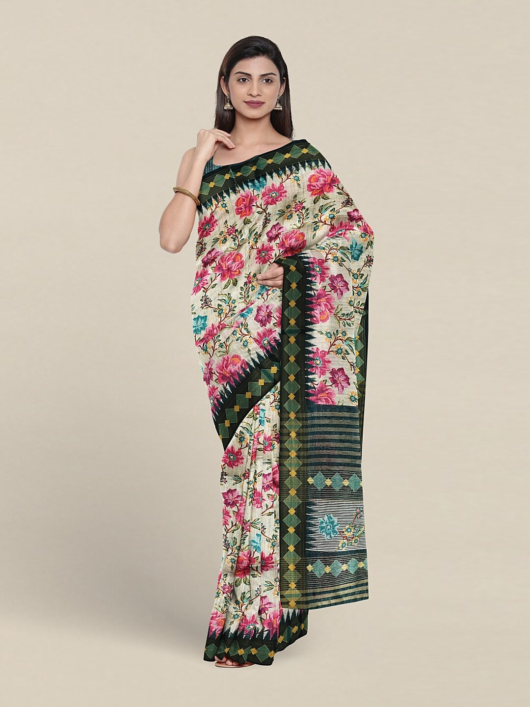 

Pothys Floral Printed Jute Silk Saree With Blouse Piece, Cream