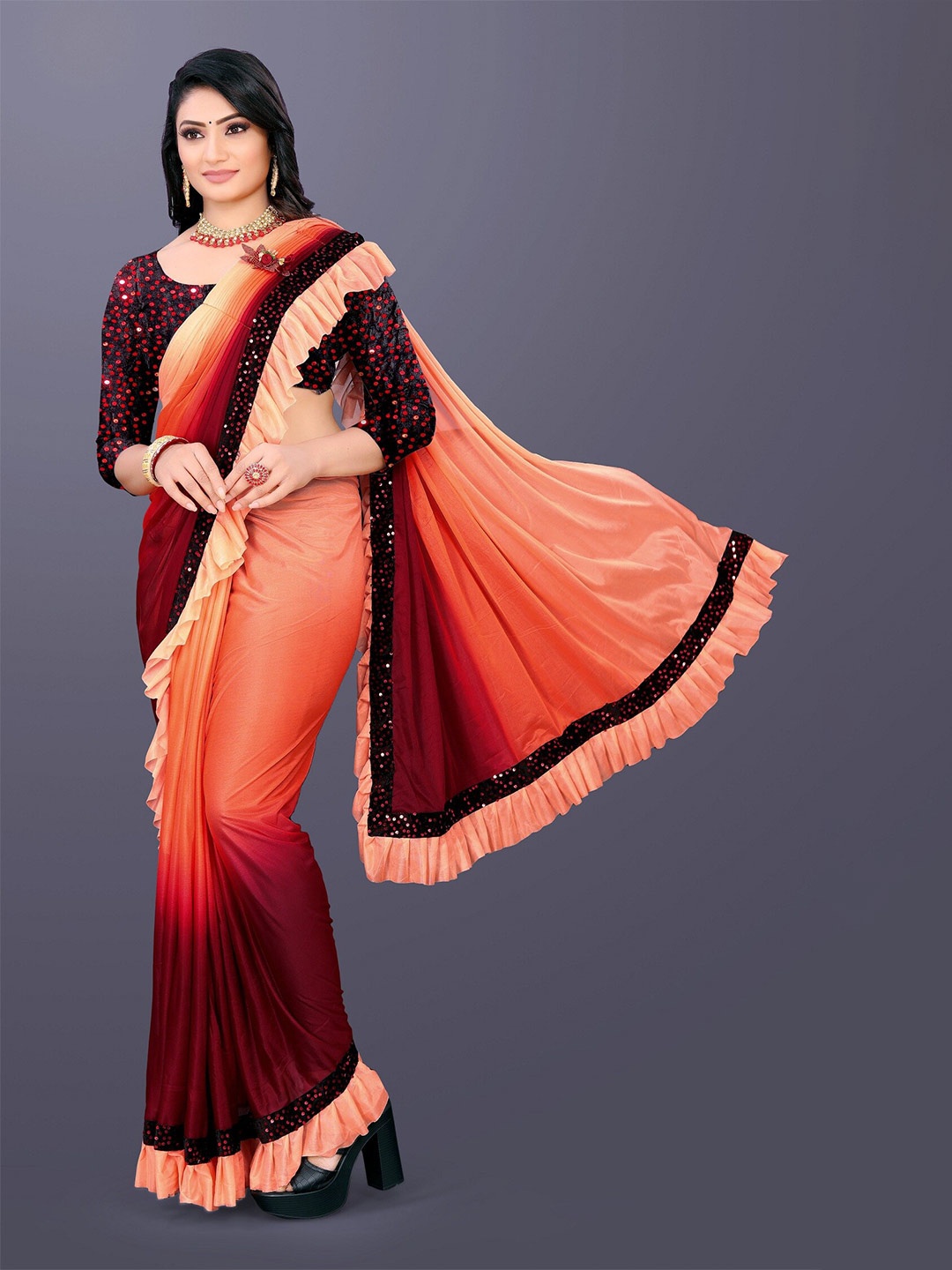 

APNISHA Ombre Sequinned Ready to Wear Saree, Orange