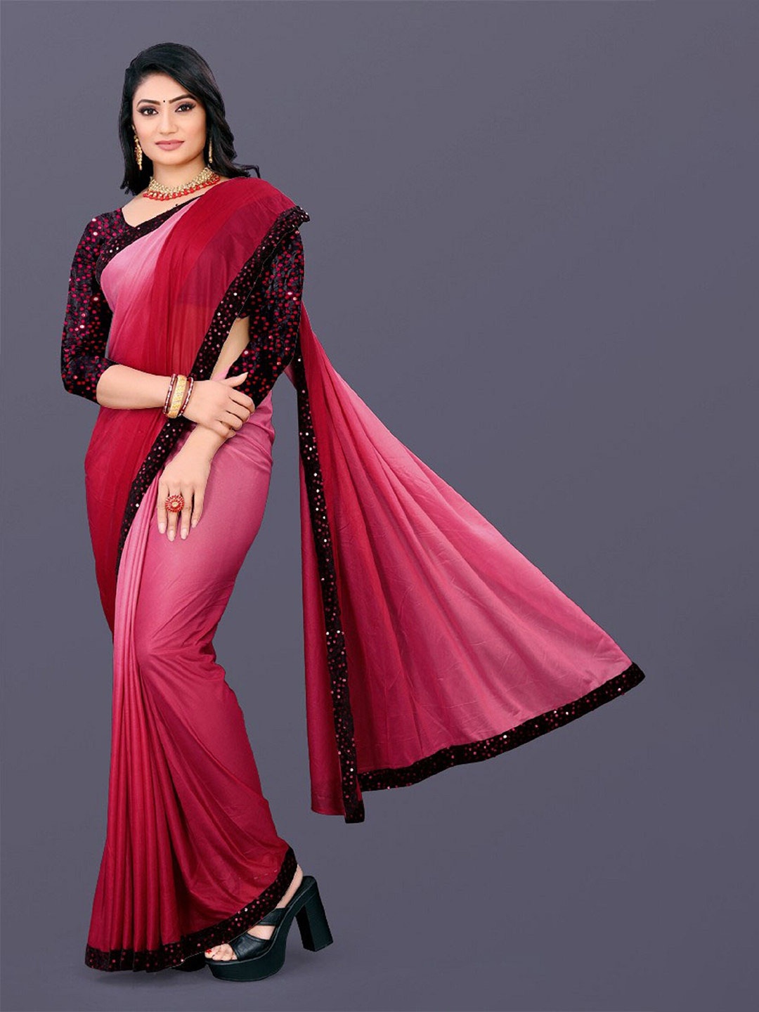 

APNISHA Ombre Sequinned Saree, Pink