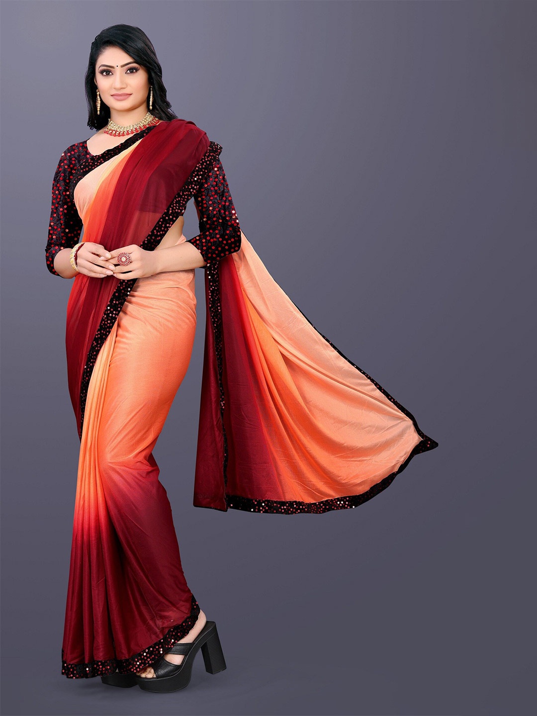 

APNISHA Ombre Sequinned Saree, Orange
