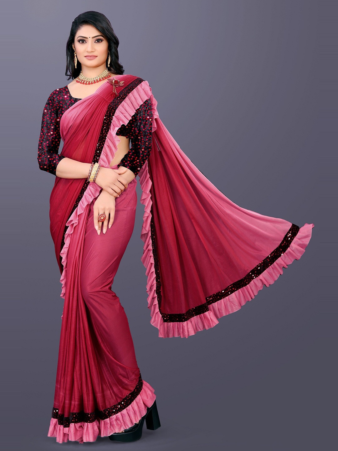 

APNISHA Ombre Sequinned Ready to Wear Saree, Pink
