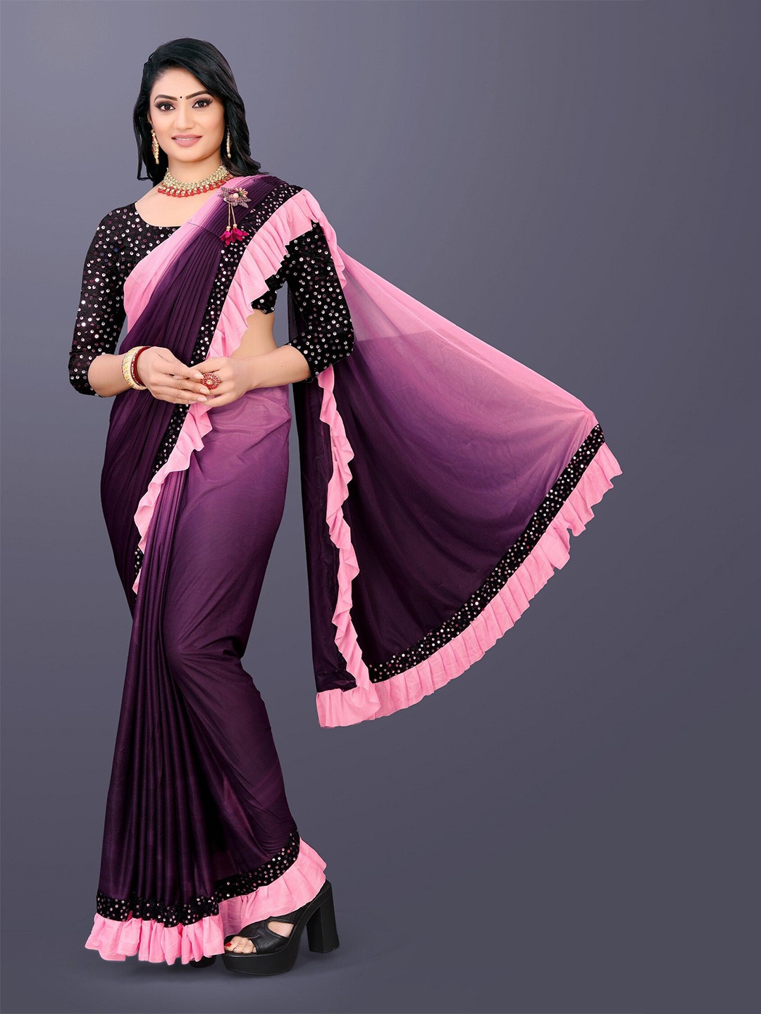 

APNISHA Ombre Sequinned Saree, Magenta