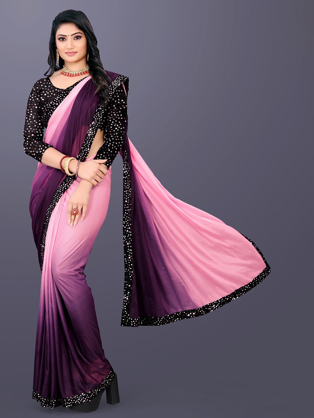 

APNISHA Ombre Dyed Embellished Border Saree, Pink