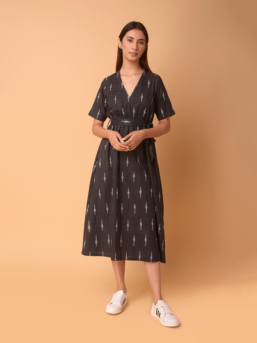 

PINKSKY Geometric Printed Fit & Flare Cotton Midi Dress, Black