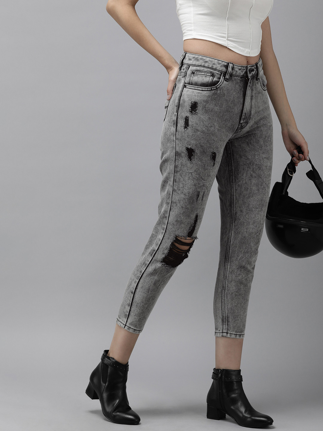 

Roadster Women Slim Fit High-Rise Highly Distressed Stretchable Cotton Jeans, Grey