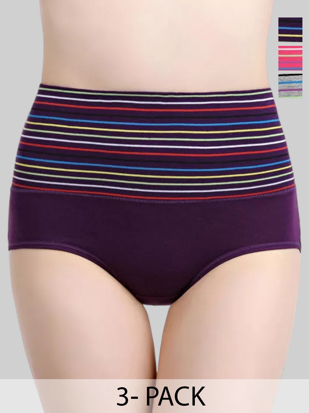 

PLUMBURY Pack Of 3 Printed High-Rise Cotton Tummy Shaper Briefs, Purple