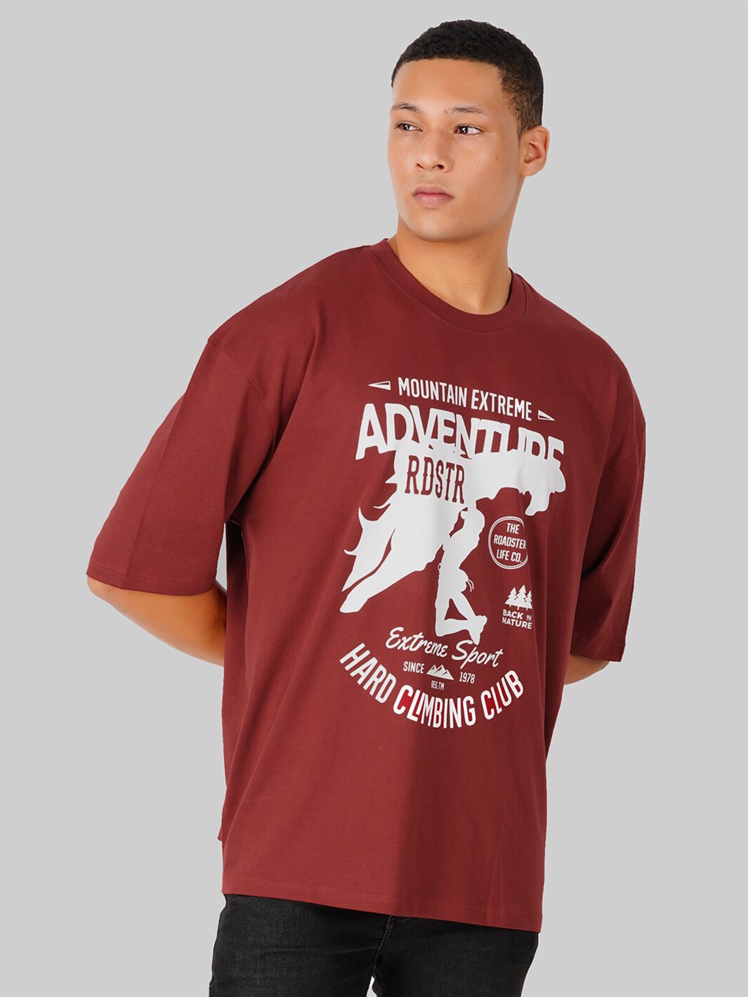

Roadster Red & White Typography Printed Oversized Pure Cotton T-shirt
