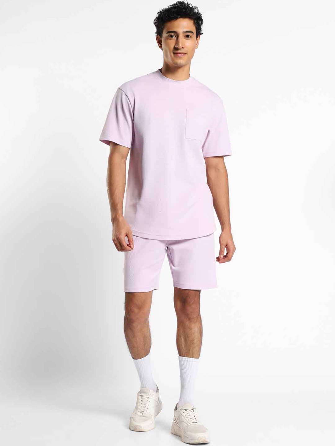 

NOBERO Hudson Popcorn Textured Oversized T-shirt And Shorts, Purple