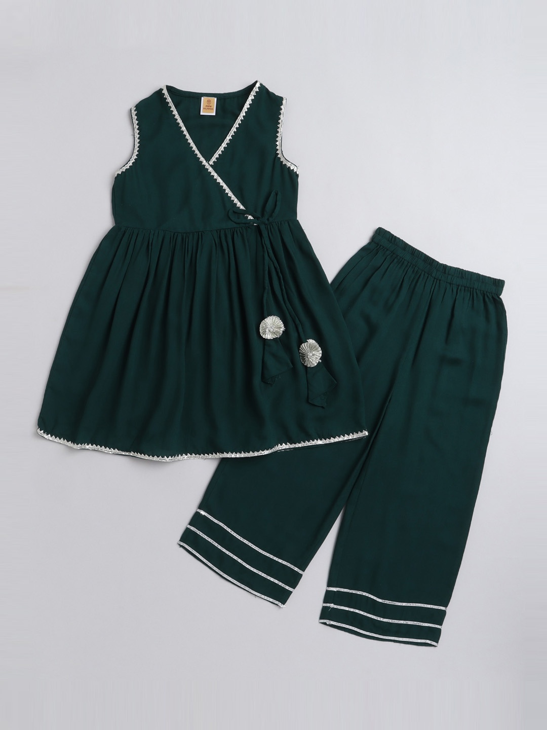 

AWW HUNNIE Girls Sleeveless Angrakha Pure Cotton Kurti with Palazzos, Green