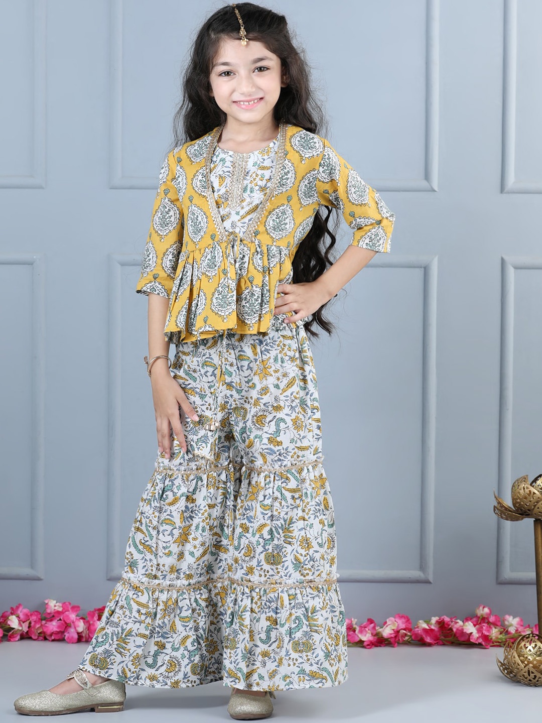 

AWW HUNNIE Girls Floral Printed Top & Palazzos With Shrug, Yellow