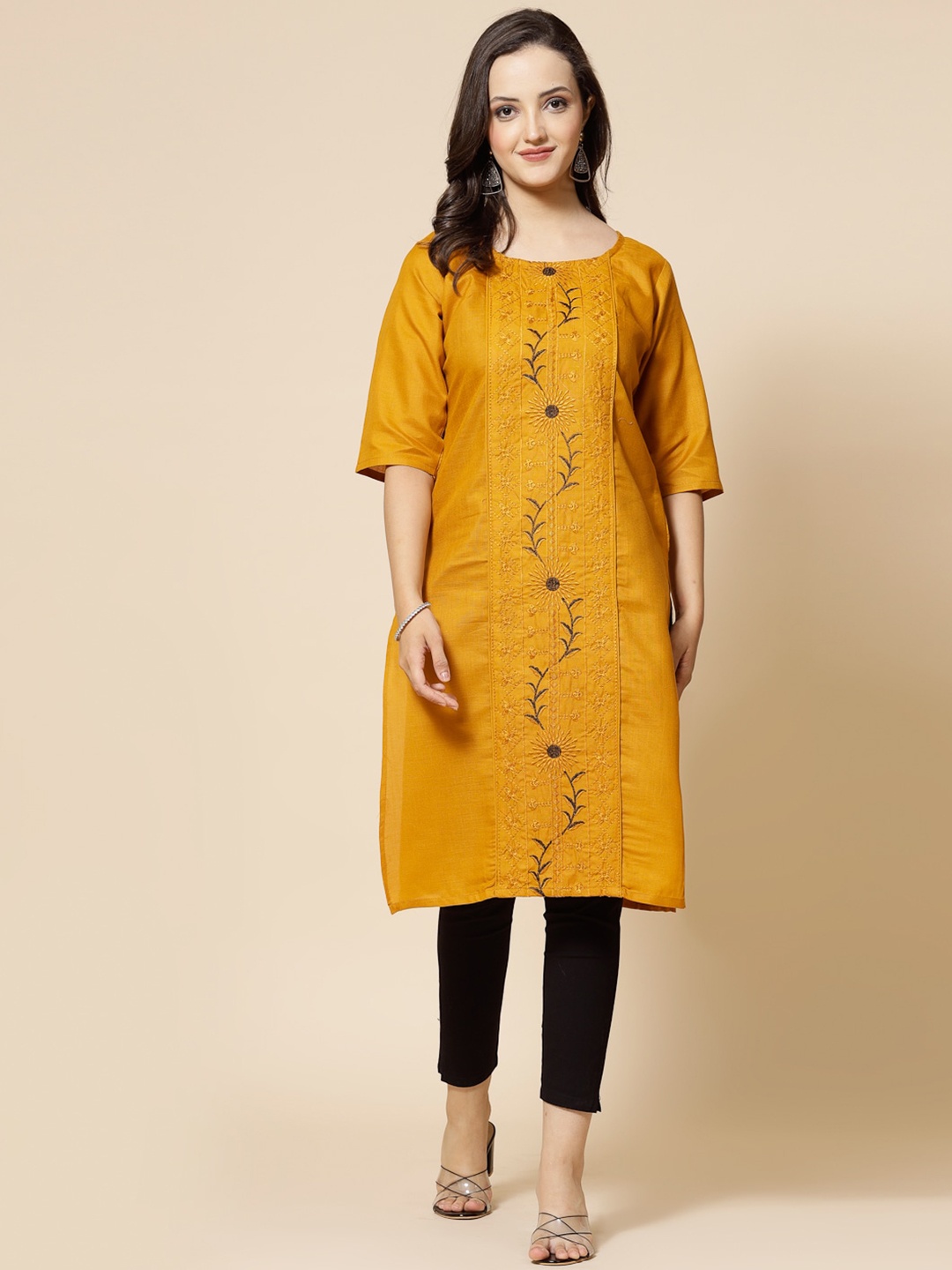 

KALINI Floral Embroidered Thread Work Straight Kurta, Mustard