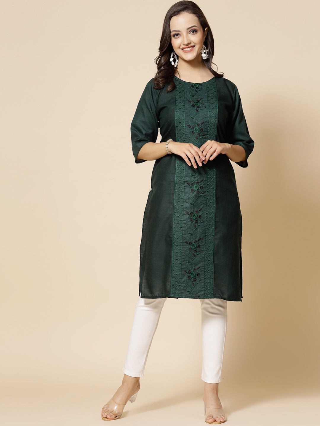 

KALINI Floral Embroidered Thread Work Straight Kurta, Green