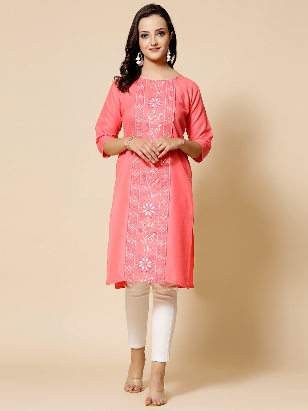 

KALINI Floral Embroidered Thread Work Straight Kurta, Pink