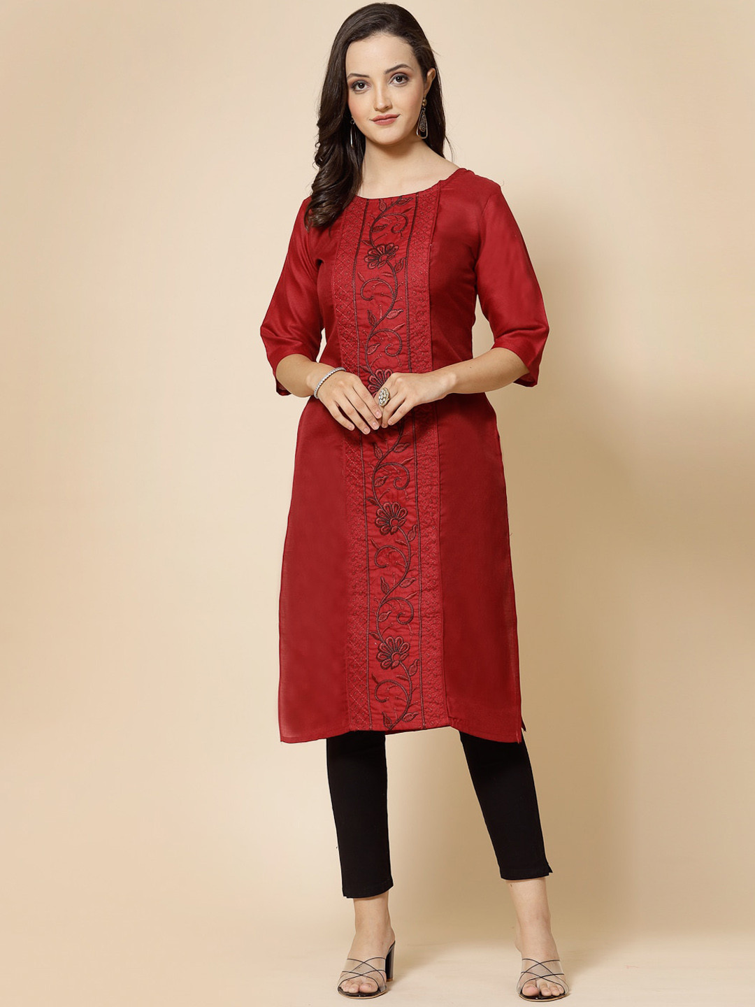 

KALINI Floral Embroidered Thread Work Straight Kurta, Maroon