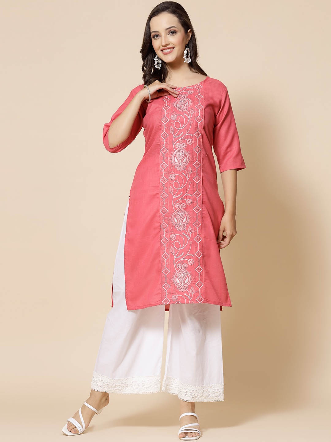 

KALINI Floral Embroidered Thread Work Straight Kurta, Peach