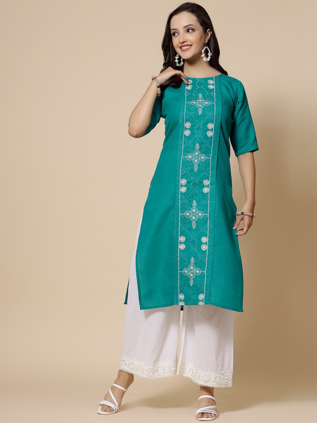 

KALINI Floral Embroidered Thread Work Straight Kurta, Teal