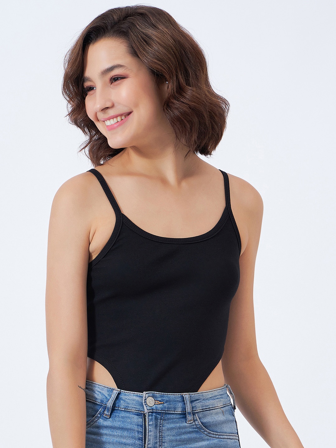 

COLOR CAPITAL Ribbed High Cut Bodysuit, Black
