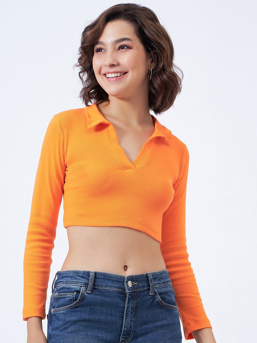 

COLOR CAPITAL Shirt Collar Cotton Crop Top, Orange