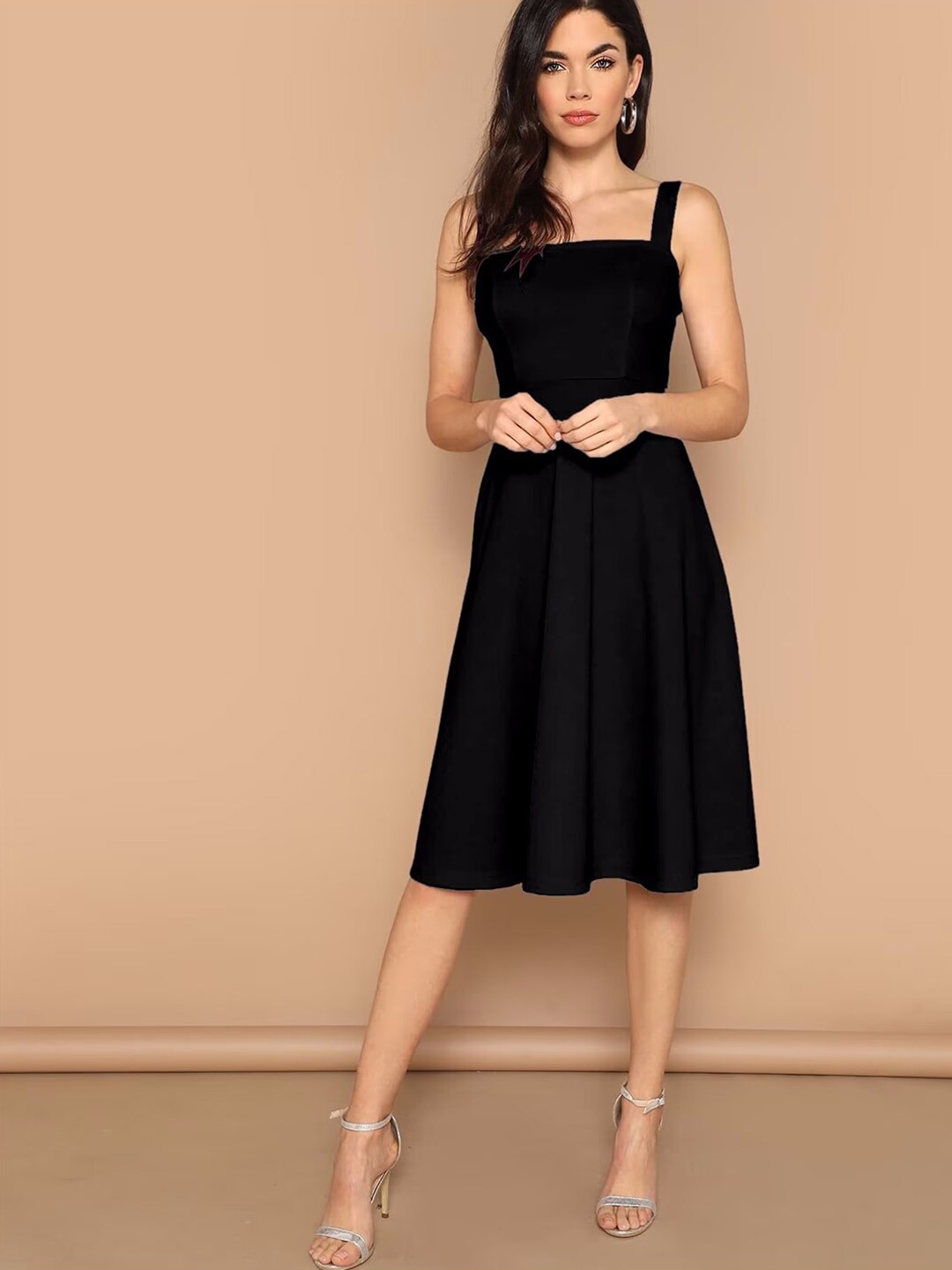 

COLOR CAPITAL Shoulder Straps Gathered Fit & Flare Midi Dress, Black