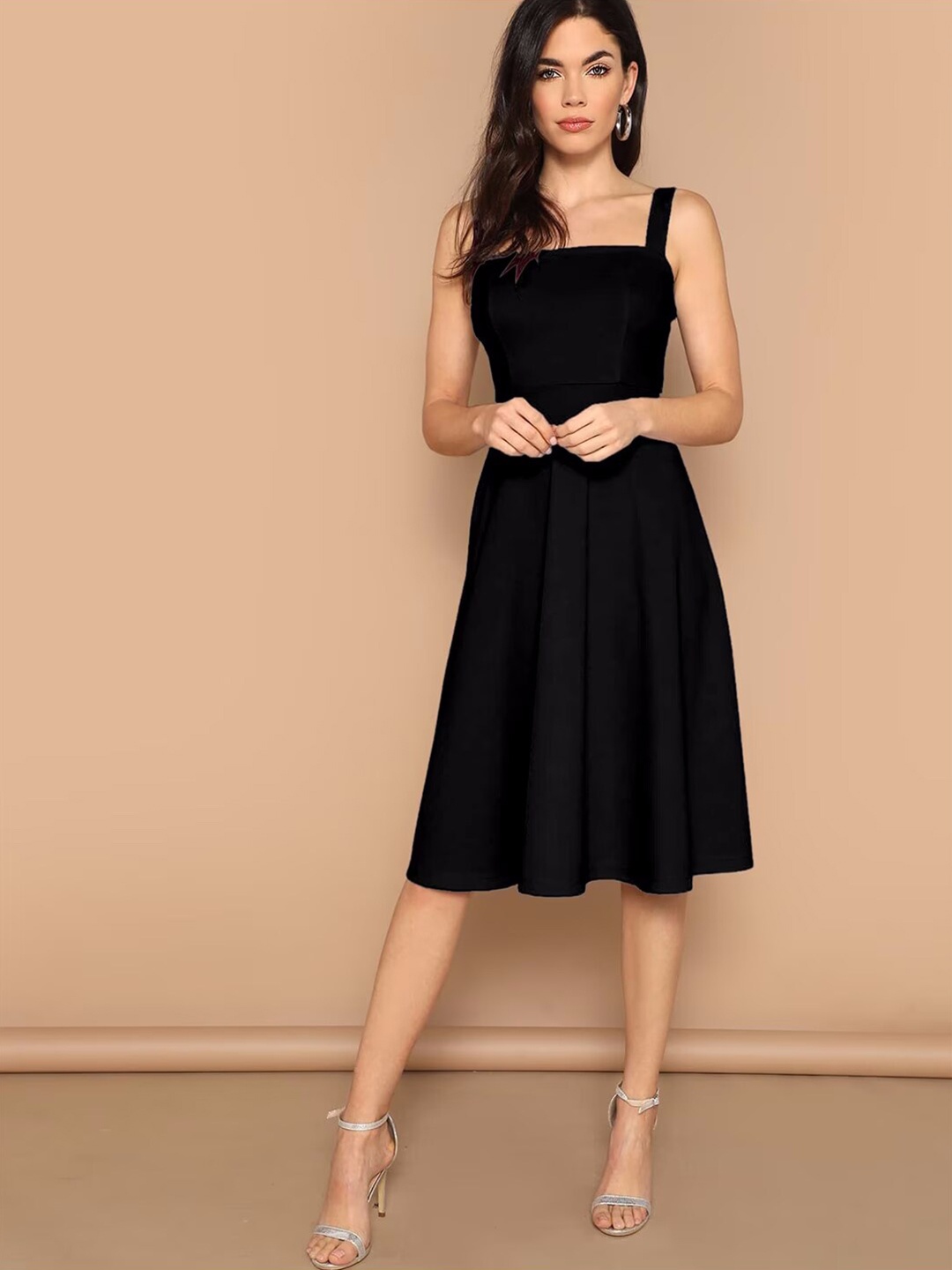 

COLOR CAPITAL Shoulder Straps Gathered Fit & Flare Midi Dress, Black