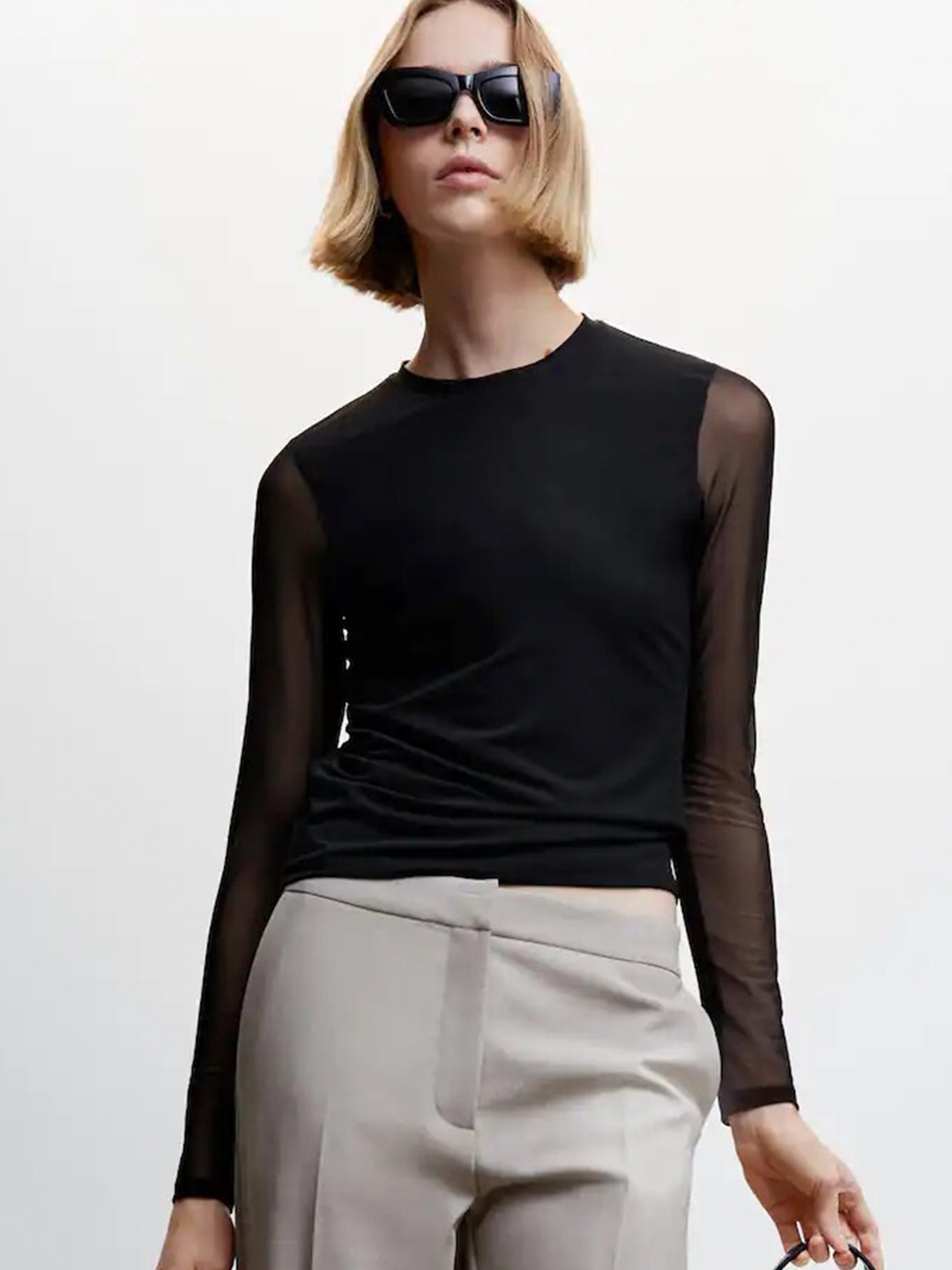 

COLOR CAPITAL Round Neck Long Sleeves Net Top, Black
