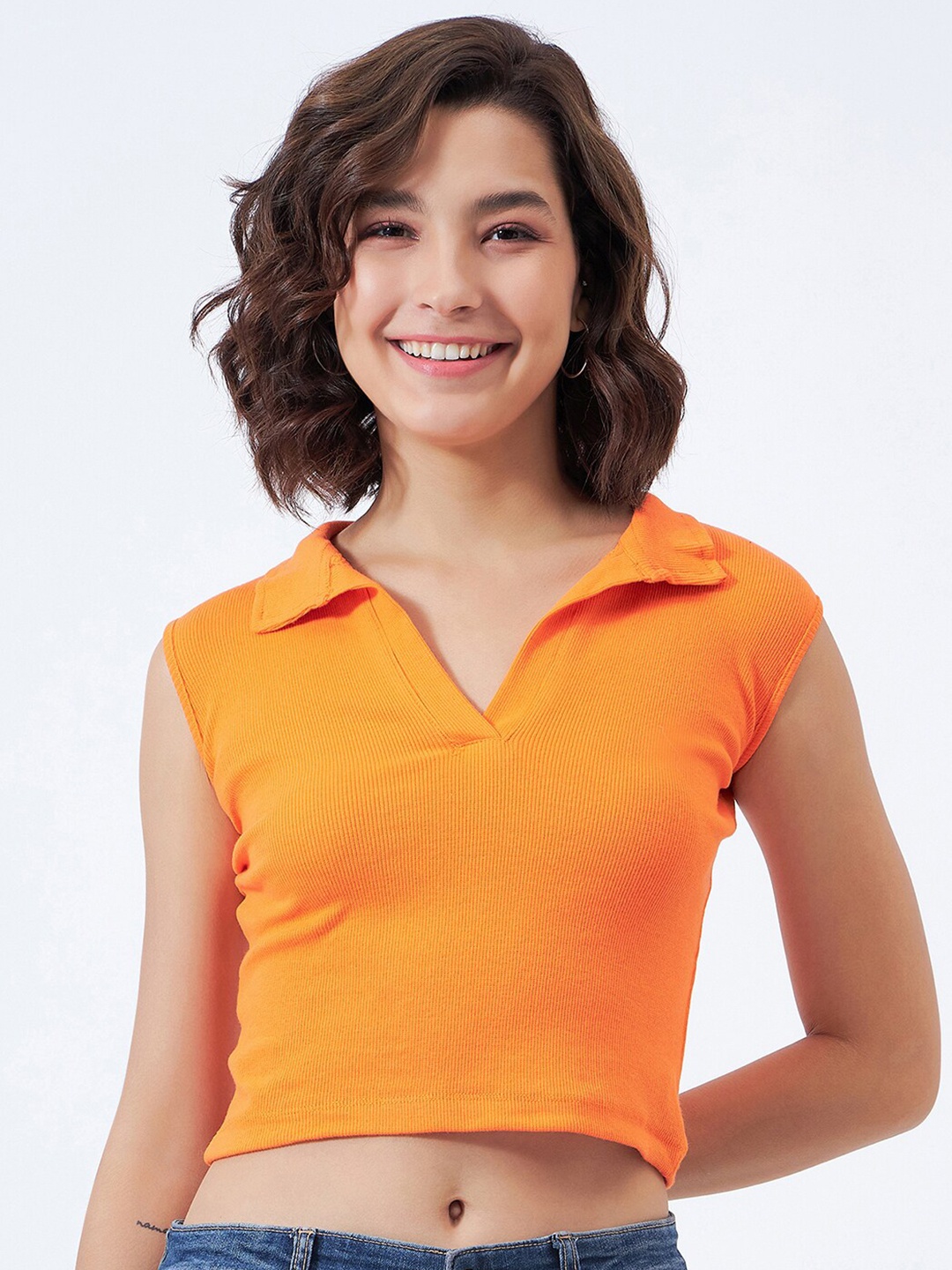 

COLOR CAPITAL Cotton Shirt Style Crop Top, Orange