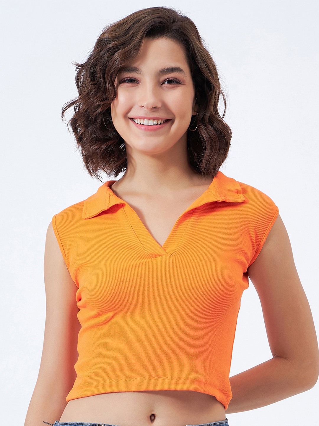 

COLOR CAPITAL Cotton Shirt Style Crop Top, Orange