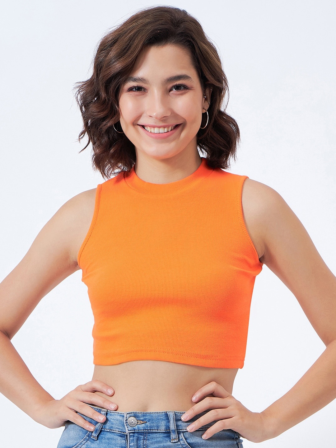 

COLOR CAPITAL High Neck Fitted Crop Top, Orange
