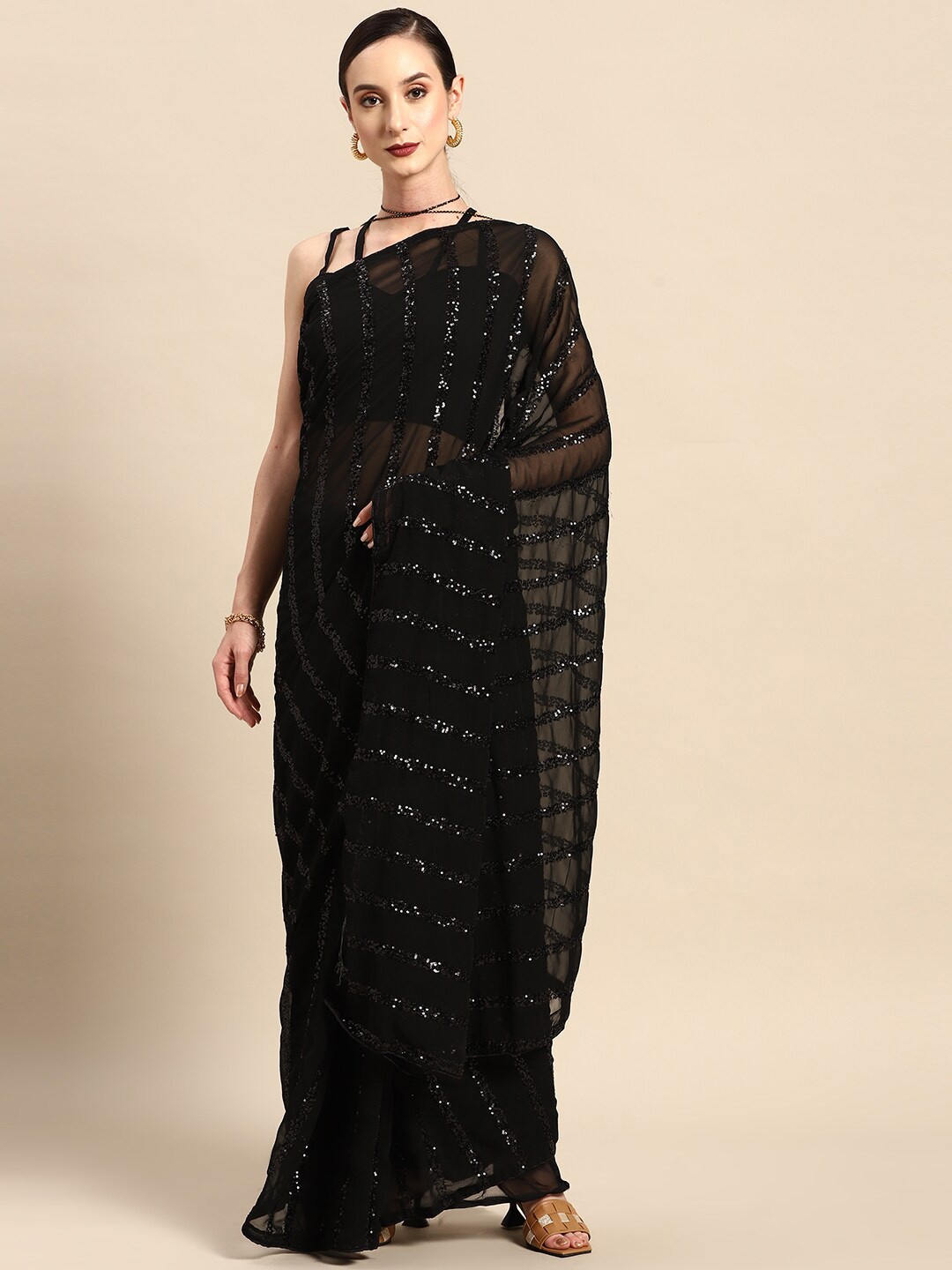 

Mitera Black Embellished Sequinned Pure Georgette Saree
