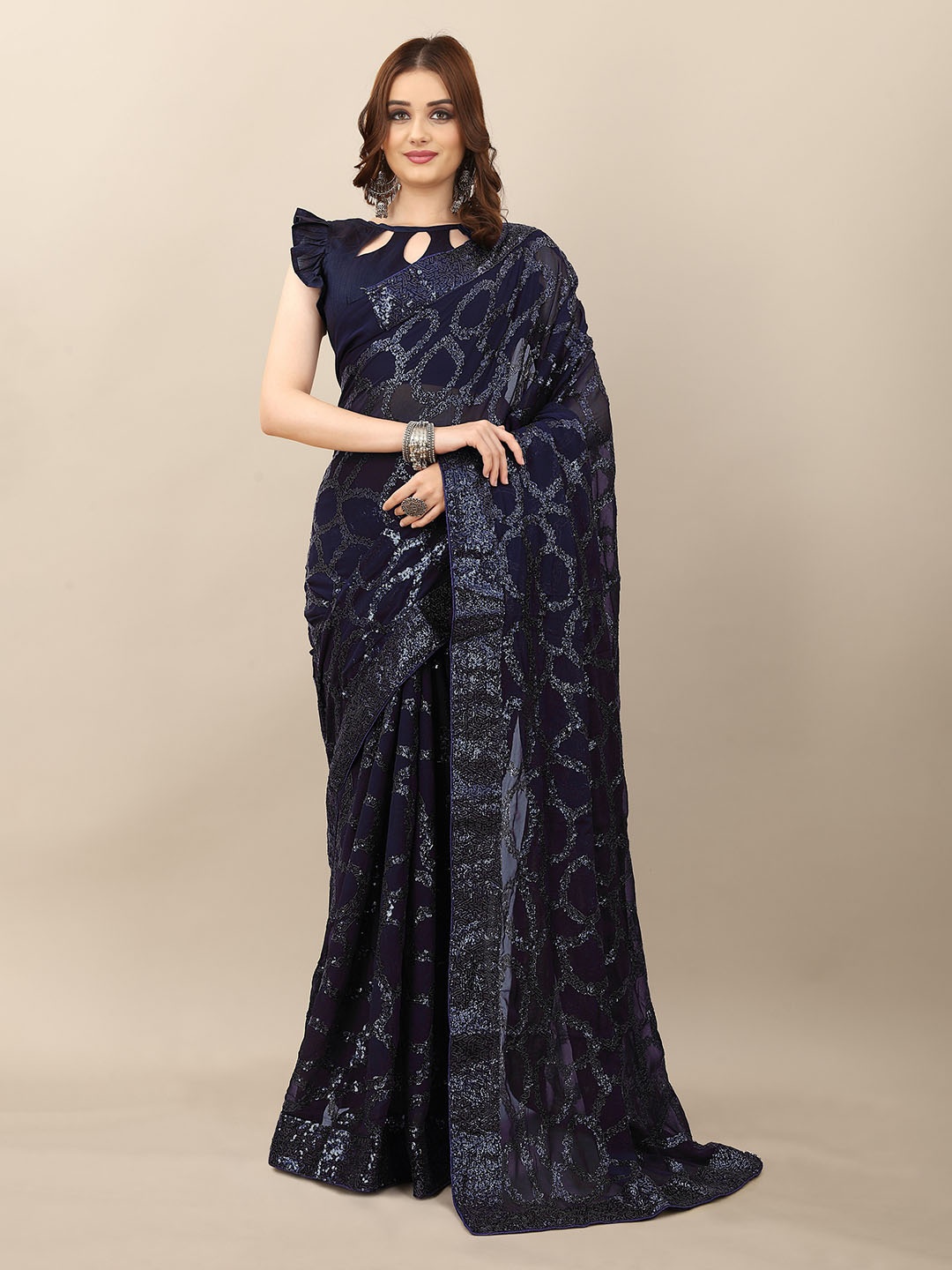 

Mitera Embellished Sequinned Pure Georgette Saree, Navy blue